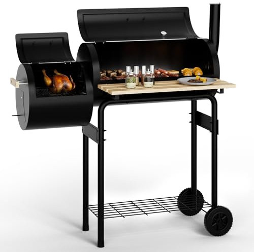 DKIEI Charcoal BBQ, Portable Barrel Barbecue Grill with Offest, 2 in 1 BBQ Grill and Smoker, Includes Temperature Gauge, Air Vents, Large Barbeque Grill wite Wheels for Outdoor Garden Party Cooking