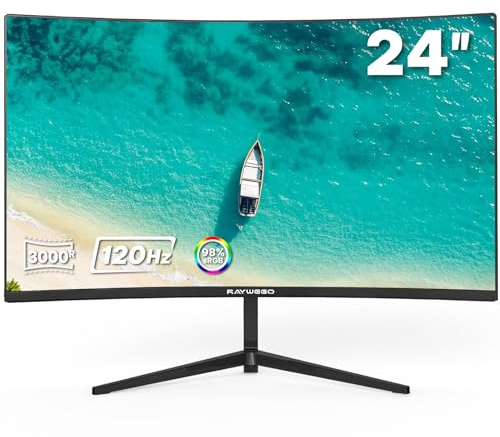 Raywego Monitor curvado 3000R de 24 pulgadas, 100 Hz, FHD 1920 x 1080p, frecuencia de actualización 16:9, relación de aspecto ergonómica, inclinación y compatible con VESA, monitor de juegos de