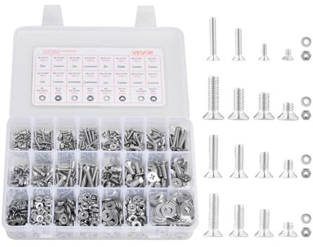 VEVOR 720 Pcs Bolts and Nuts Assortment Kit, Imperial Machine Screws and Flat Washers, Stainless Steel 6-32,8-32,10-24,1/4-20, for Furniture/Equipment/Vehicle Assembly, Silver