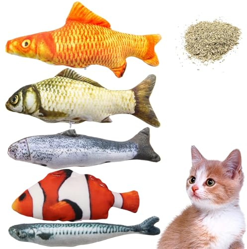 Ferizzia 5 Stück Pielzeug mit Katzenminze, Katzenspielzeug Fisch | Kauspielzeug Für Katzen, Plüsch Katzenspielzeug, Ideal für Schlafzimmer, Hinterhof, Wohnzimmer, Arbeitszimmer, Indoor-Spiel