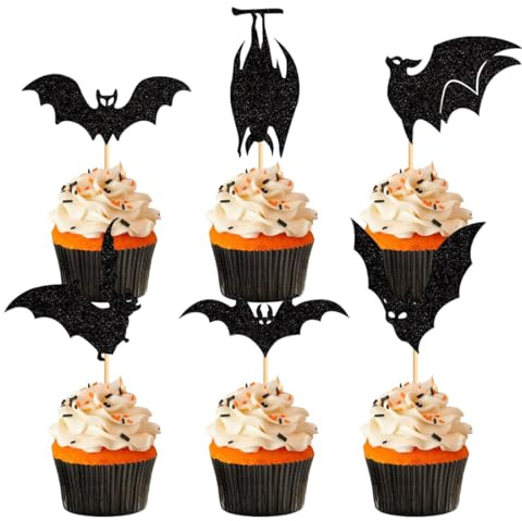 LONZIKP 12 Stück Halloween Cupcake Toppers Bat Cupcake Picks Fledermaus Muffin Dekoration for Happy Halloween Theme Baby Shower Birthday Party Cake Decorations Supplies (Schwarz)