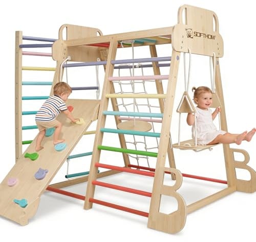 SOFTHOM Maxi Klettergerüst Indoor, Spielplatz ab 1 Jahr für Kinderzimmer | Multifunktional Kletterausrüstung mit Rutsche, Schaukel, Kletternetz, Kletterwand, 1-8, Natur Holz, Gesunde Lackierung