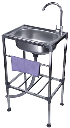 42x37x83cm Outdoor Edelstahl Freistehende Waschbecken,1 Becken Mobiler Küchenspüle Gewerbliche Spülbecken Multifunktions Waschtisch mit 360° Wasserhahn,für Restaurant Wäscherei und Camping