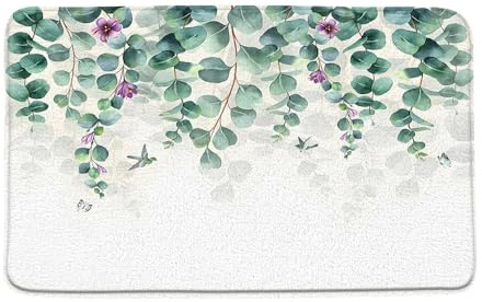 Fussmatten Salbeigrüne Eukalyptusblätter, Aquarell, Grüne Blätter, Lila Blüten, Pflanze, Frühling, Natur, Botanik Sauberlaufmatte Strapazierfähige Fußmatten rutschfest Für Flur Patio 40X60 cm
