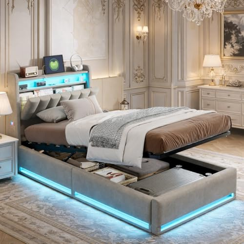 LieABak Letto imbottito singolo, 90 x 200 cm, con testiera, vano portaoggetti idraulico con cassetta, letto per ragazzi con LED e USB, letto a molle con rete a doghe, velluto (grigio, 90 x 200 cm)