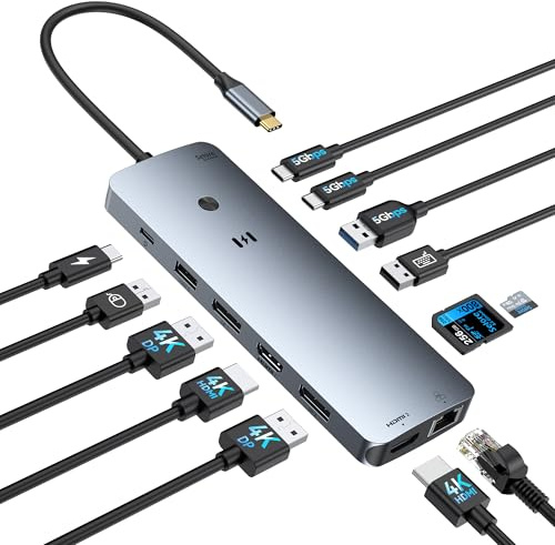 USB C Docking Station 3 Monitor, 14-in-1 Triple Display Dock with 2 HDMI DP | Laptop Docking Station 2 HDMI 4K@60Hz, Dual DP Docking Station, Gigabit Ethernet, 5Gbps USB 3.0, 100W PD Charging, SD/microSD