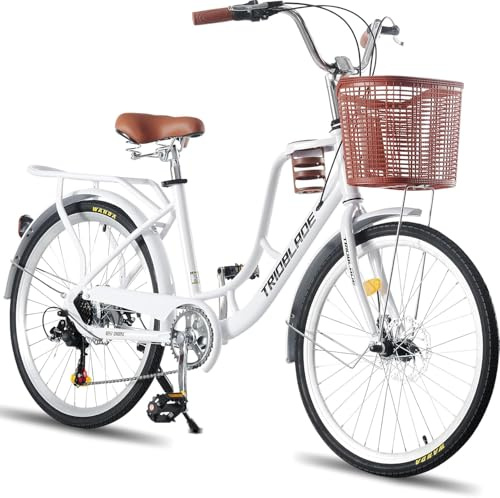LSLIFE Damen Fahrrad mit Korb 24/26in 7 Geschwindigkeit Stadt Fahrrad Frauen Mädchen Komfort Fahrrad Leichter Rahmen Hybrid ScheibenbremsenLeichtes Pendlerrad Retro Fahrrad Urban Bike (24 Zoll weiß)