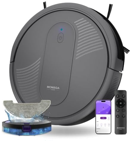 MONSGA Saugroboter mit Wischfunktion 4000PA, Saug und Wischroboter 3 in 1,140Min Laufzeit, 2 Bürsten,Staubsauger Roboter mit Auto-Teppich-Boost für Tierhaare Teppich Böden, APP Steuerung(Dunkelgrau)