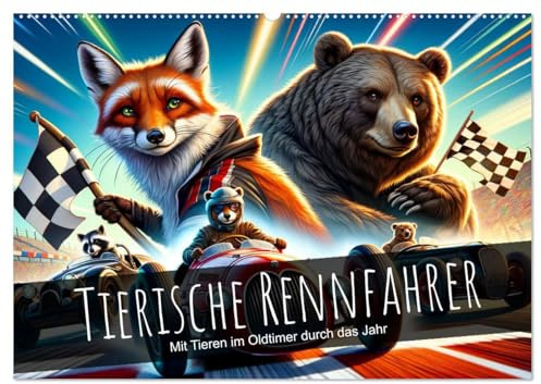 Tierische Rennfahrer - Mit Tieren im Oldtimer durch das Jahr (Wandkalender 2026 DIN A2 quer), CALVENDO Monatskalender: Tiere im Rennen: Ein Jahr voller Tempo (CALVENDO Spass)
