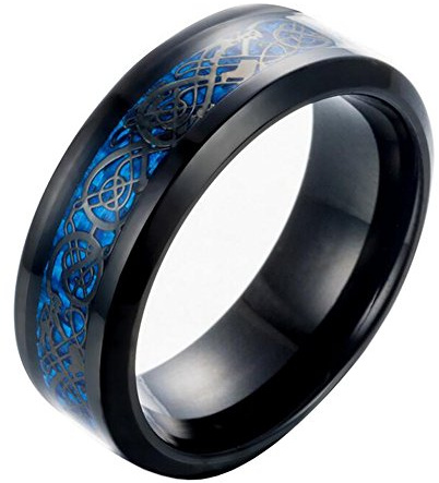 HIJONES Herren Celtic Dragon Blue Kohlefaser Schwarz Edelstahl Ring Ehering 8MM Größe 68
