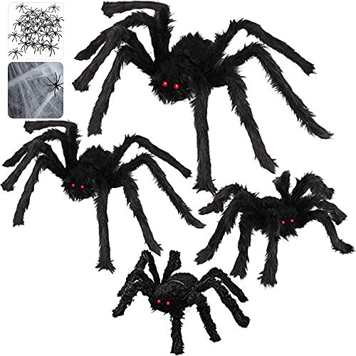 HalloweenDekorationen mit 76,2 cm großen Spinnen + 58,4 cm HalloweenSpinne + 50,8 cm haarige Spinne + 30,5 cm gruselige Fake Spider + 400 m² Spinnennetz + 20 kleine Spinnen für drinnen und draußen,