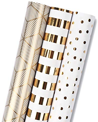 RUSPEPA Geschenkpapierpapierrolle - Mini Roll - 3 Verschiedene Gold- Und Weiß-Sets - 43,2 cm x 3,05 m Pro Rolle