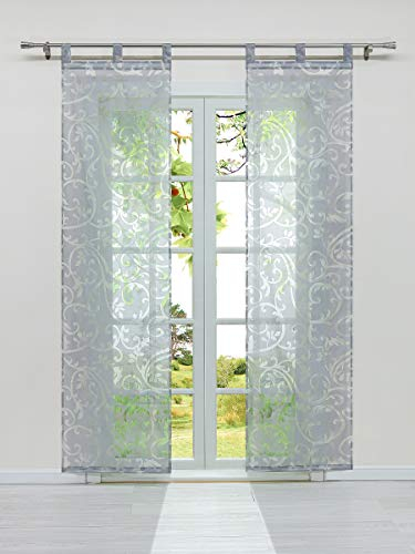 HeichkelL Schiebegardinen mit Schlaufen 2er Set Voile Transparente Flächenvorhänge Ausbrenner in Ranken-Muster Schiebevorhang Zubehör Beschwerungsstäben Grau BxH 57x245 cm
