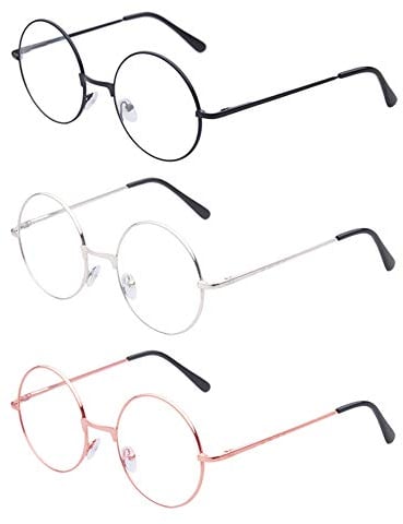 Round Retro Metal Glasses,3 Pair Metallic Frame Eyeglasses Vintage Classic Clear Lens Glasses Eyewear for Men Women Unisex Wroking Dressing Black Rosegold Silver