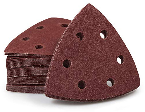 SPEEDWOX 50 Pcs Triangle Sanding Pads Hook and Loop 120 Grit Oscillating Sanding Pad 90mm 6 Holes Fit 3-1/2 Inches Oscillating Multi Tool Detail Sander Sandpaper Triangle Sanding Discs Sanding Tool