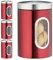 Relaxdays 4 x Vorratsdose, 1,4 L, mit Deckel und Sichtfenster, für Kaffee, Mehl, Pasta, Aufbewahrungsdose Küche, Metall, rot
