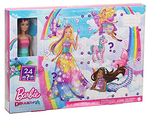 Barbie GYN36 - Dreamtopia Adventskalender: Blonde Puppe, 3 Prinzessinnen-Moden, 10 Accessoires und 10 Zubehörteile zum Geschichtenerzählen, darunter 4 Tiere, Adventsgeschenk für Kinder, ab 3 Jahren