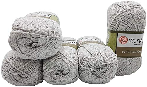 5 x 100g Strickwolle YarnArt Eco Cotton mit 85% Baumwolle, 500 Gramm Wolle einfarbig (hellgrau 763)