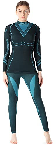 Ladeheid Thermounterwäsche Damen Set Langarm Shirt Lange Unterhose Thermoaktiv LAGI006 (Schwarz/Turquoise, L)