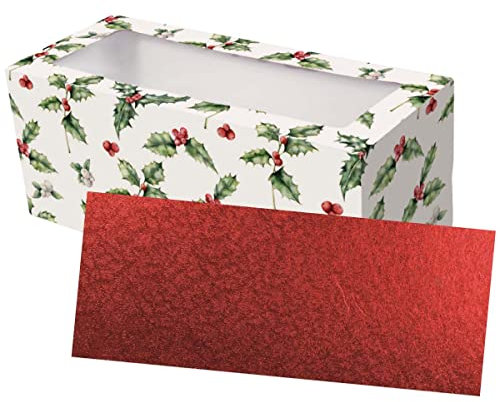 Culpitt Vintage Holly Cake Box and Red Cake Board, Rectangular Cake Card and Box Combo For Christmas Yule Logs And Festive Bakes - 12 inch