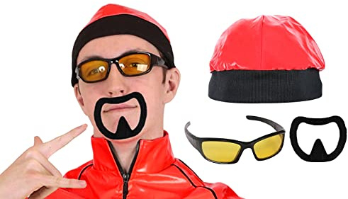 Rapper-Zubehör-Set für Erwachsene, roter Rapperhut + Sonnenbrille mit gelben Gläsern + schwarzer Ziege, Einheitsgröße