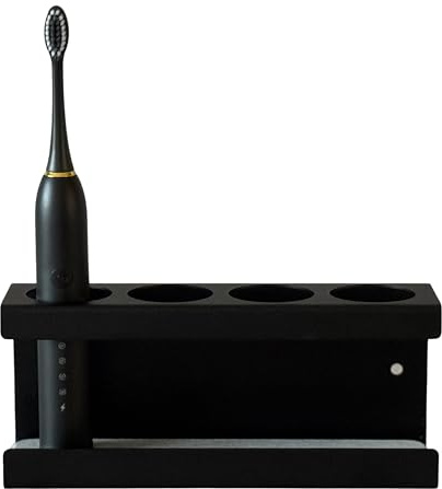 Zahnbürstenhalter für elektrische Zahnbürsten Edelstahl sandgestrahlt, 4 cm Universal-Öffnung, Wandhalterung mit Organizer für Zahnbürsten und Zahnpasta, ohne Bohren oder mit Bohren, Schwarz, 4-Fach