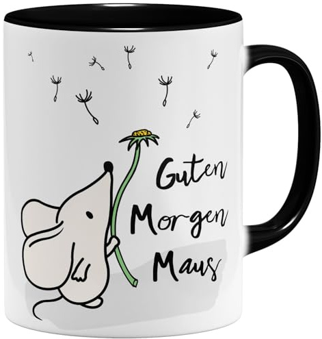 OM3® Guten Morgen Maus Kaffee-Tasse mit Spruch - Süßes Mäuschen mit Pusteblume - Keramik Becher - 325ml - Beidseitig Bedruckt - Schwarz