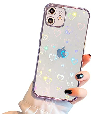 Ownest Kompatibel mit iPhone 11 Hülle Glitzer Herz Muster mit Glitzerpapier Design für Frauen Mädchen Fashion Weiche Durchsichtige Schutzhülle TPU Handyhülle - Lila