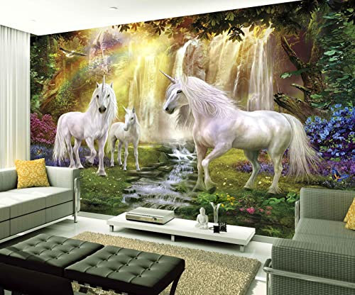 XAONUO Tombe Papier Peint Intissé Tapisserie Murales Panoramique 3D Blanc Licorne Cascade 200X150Cm Papier Peint Moderne De Papier Peint De Mur De Fond De Sofa De Salon