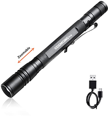 COSMOING LED-Stift-Taschenlampe, zoombar, 3 Modi, wiederaufladbar, wasserdicht, schmal, perfekt für Notfall, Inspektion, Reparatur