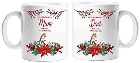 Star Online Coffee Mugs Set for Mum and Dad Christmas Robin His and Hers Gifts Celebration, Anniversary, Xmas Eve Box Fillers Ceramic Mug Set of 2 Tea Cups -White (Mum & Dad Mug Set)