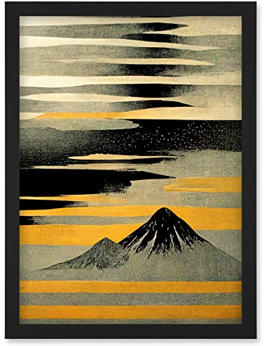 Wee Blue Coo Modern Simple Mount Fuji Painting in Silver Grey Black Gold Artwork Framed Wall Art Print A4