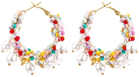 Bohemian Beaded Pearl Cluster Earrings for Women, Hypoallergenic Circle Statement Huggie Hoops and Studs Jewelry