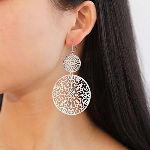 Aneneiceera Boho Filigrane Hohle Scheibe Baumeln Tropfen Ohrringe Boho Silber Ethnischen Geschnitzten Blume Scheibe Erklärung Ohrringe Hochzeit Brautjungfer Schmuck Für Frauen Und Mädchen(Silber)