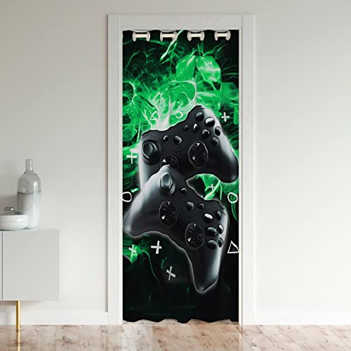 Loussiesd Spieler Türvorhang 106x203cm Gaming Vorhang für Innentür Raumteiler Raumverdunkelung Gamepad Grün Smokey Verdunkelungsvorhang