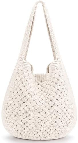 hatisan Häkeltasche für Damen, große Häkeltasche, Tragetasche, ästhetische Stricktasche, Schulterhandtaschen, Beige-2, Medium