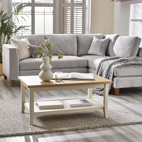 Furniturebox UK Solid Wood Coffee Table - Eden Wooden Coffee Table - Pale Oak Stain Tabletop Cream Legs - Bright Modern Take on Classic Farmhouse Living Room Furniture - Solid Rubberwood