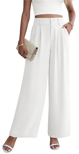 Yommay Damen Hose Elegante Lässig Baggy Sommerhose Leicht Bequem Business Hosen Anzughose mit Taschen,Weiß,XL