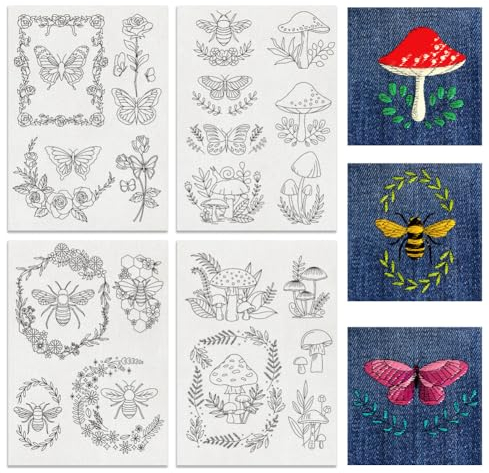 BENECREAT 20 Stück 4 Blatt Kranz Biene Und Pilz Wasserlösliche Stickerei, 29.7x21cm Stick-and-Stitch-Stickpapierstabilisator Wasserlöslich Handnähen Für Hemden, Mäntel, Taschen