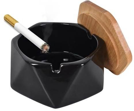 Aschenbecher für Draußen mit Deckel, Handgemacht Kreativ Keramik Windaschenbecher für Balkon, Terrasse, Zuhause, Cafés, Bars, Büro Dekoration (Schwarz)