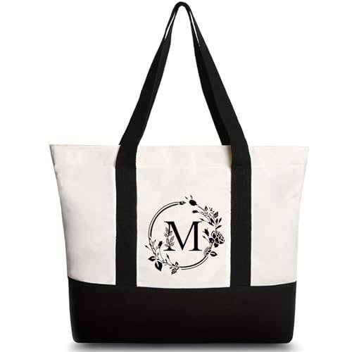 Bolsa de lona con inicial bordada, bolsa impresa con letras florales personalizadas para mujeres/hombres, bolsa de hombro reutilizable de lona para uso diario, viajes, comestibles, picnic, M, Medium