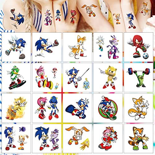 Temporäre Tattoo Set Kinder Tattoos für Sonic the Hedgehog,20 Blätter Kindertattoos Aufkleber Stickers für Geschenktüten Kindergeburtstag Mitgebsel Mädchen Jungen