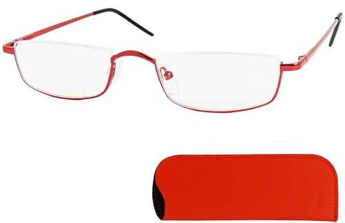 Mini Brille Metall Halbrand oben Lesebrille Halbbrille Rechteckig, Gratis Etui und Brillenputztuch, Edelstahl Rahmen (Rot) mit Federscharnier, Lesehilfe Damen und Herren +2.5 Dioptrien