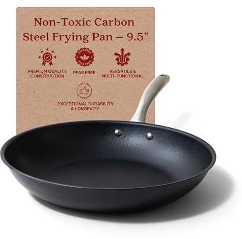 Alva Black Angus Naturally Nonstick Carbon Steel Frying Pan 9.5 - Pre-Seasoned, Oven Safe and Made without PFAS, PFOA & PTFE - Induction and All Stovetop Compatible with Even Heat Distribution