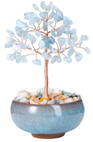 Jovivi 7 Chakra Albero della Vita Soprammobile Decorativo Bonsai Albero della Fortuna Pietre e Cristalli con Ciotola Ceramica Feng Shui Albero Artificiale Portafortuna Reiki Guarigione - Acquamarina