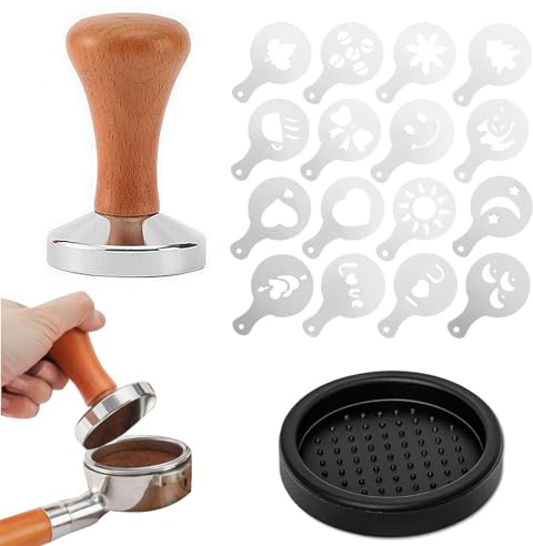 SHAPEPOTY Tamper Kaffeestampfer, Es gibt einen Stößel, ein wasserfestes Pad und eine Milchschaum-SprühschabloneSet, Stampfer 51 mm, für Cafés und Kaffeeliebhaber