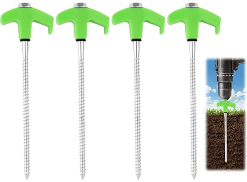 4 Stück Drehbare Zeltheringe mit Gewinde, Camping Zeltheringe, Zeltheringe - robuste Stahl-Heringe mit Gewinde und Seil-Halterung, Erdnägel Stabil Harter Boden Schraubheringe für Camping (Grün)