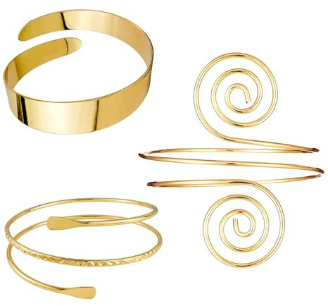 APMGONT Arm Manschette 3 Pcs Oberarm Band Gold Manschette Armreif Armband FüR Frauen Einstellbar Glatt Offenes Gold Blatt Feder Armreif ArmbäNder Arm Schmuck Geschenke Set FüR Frauen (Set A)