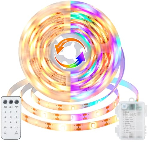 CCILAND 3 Meter 108 LED Strip Batterie, 2 Farben Wechselnde LED Streifen mit 12 Modi Fernbedienung Timer, Dimmbar Schneidbar LED Band Selbstklebend for Zuhause Deko (Warmweiß & Mehrfarbige)