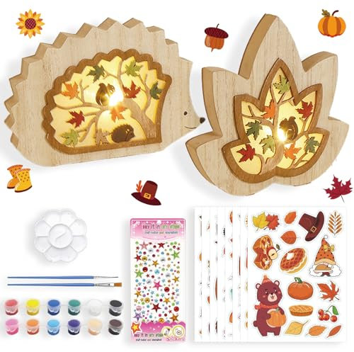Shinybox Herbstdeko Lampe, 3D Holz LED Dekoration Laterne, 2 Stück DIY Herbst Dekoration mit 8 Herbstlichen Aufklebern + 12 Farben der Farbe, Herbst Holz Ornament für Party Erntedankfest Innen Deko(B)